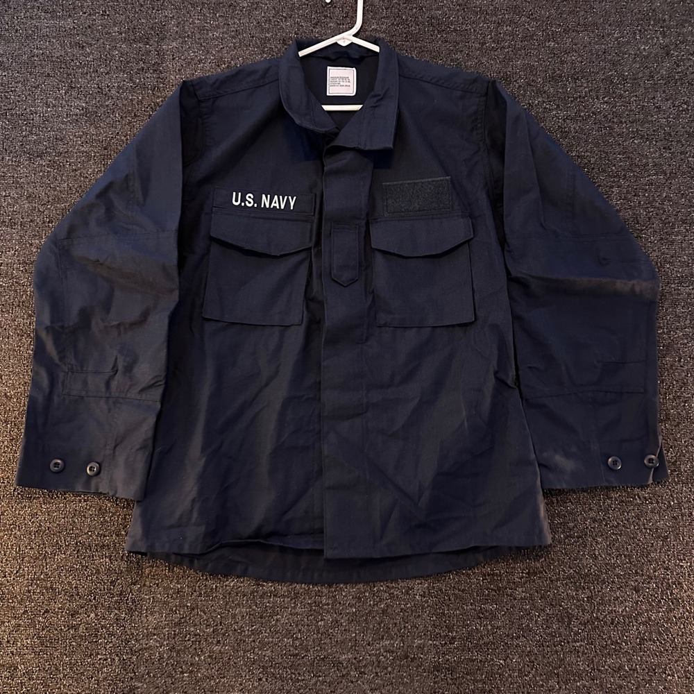 US Navy Utility Shirt Mens Medium Regular Blue Good Military Ripstop Embroidered